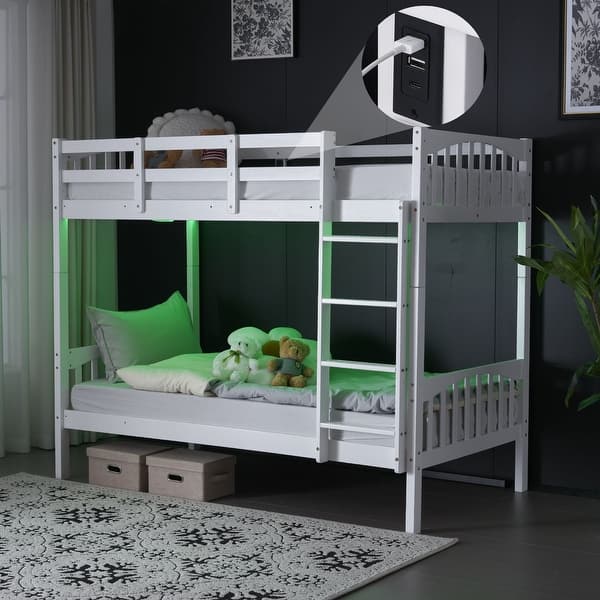 slide 2 of 8, White Bunk Bed Twin Over Twin with LED Lights and USB Port Charge Station White - Twin