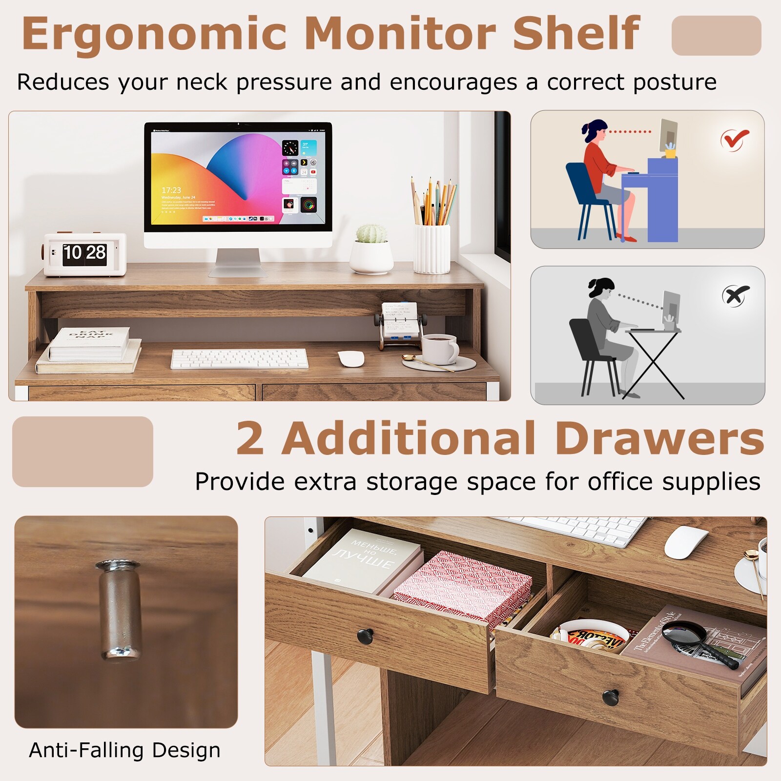 Gymax Extendable Computer Desk w/ 2 Storage Drawers & Monitor