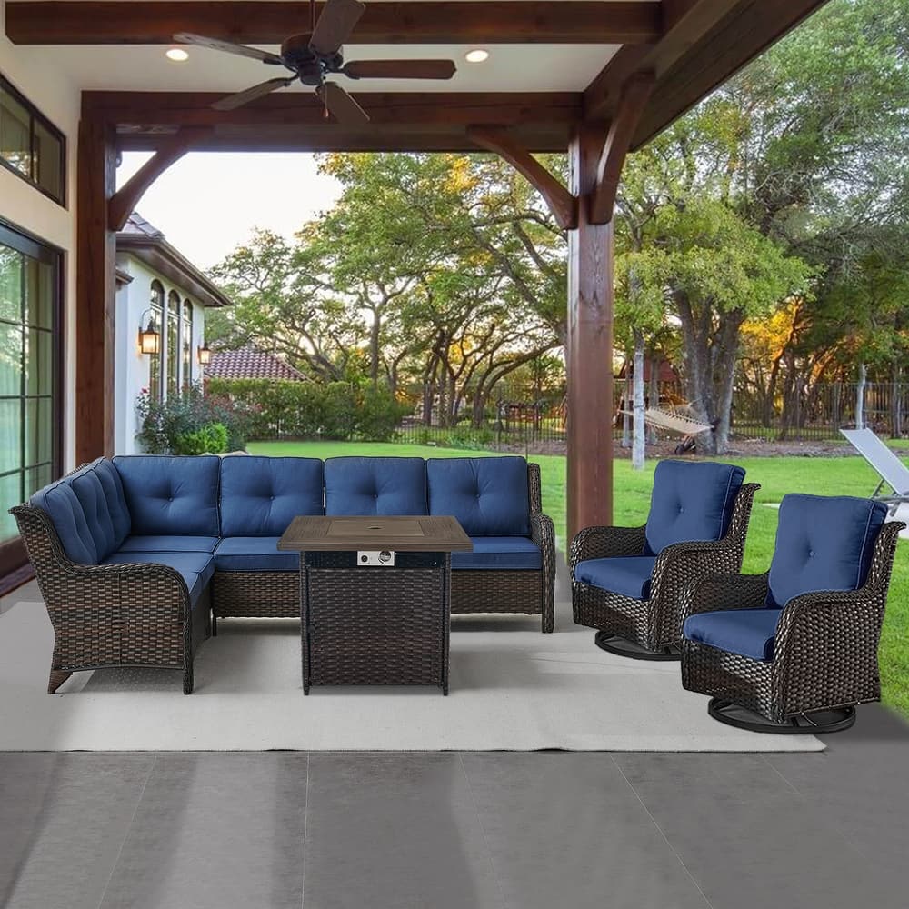 Gymojoy 4-Piece Outdoor Wicker Patio Furniture with Fire Pit and L-shaped Sectional Sofa, Coversation Set with Thick Cushions