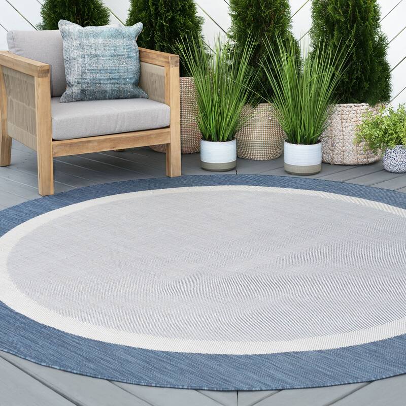 Exo Coastal Border Indoor/Outdoor Area Rug - 7'10'' Round - Blue/Cream
