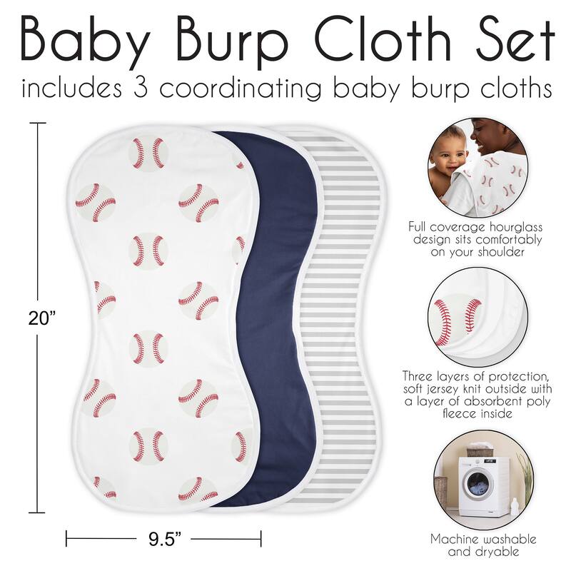 Sweet Jojo Designs Baseball Sports Absorbent Burp Cloths (3 Pack Set) Red and White Americana