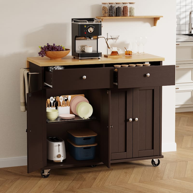 Kitchen Storage Island with 2 Drawers & Extendable Countertop - Rolling Storage Cart with Towel Rail, Lockable Wheels