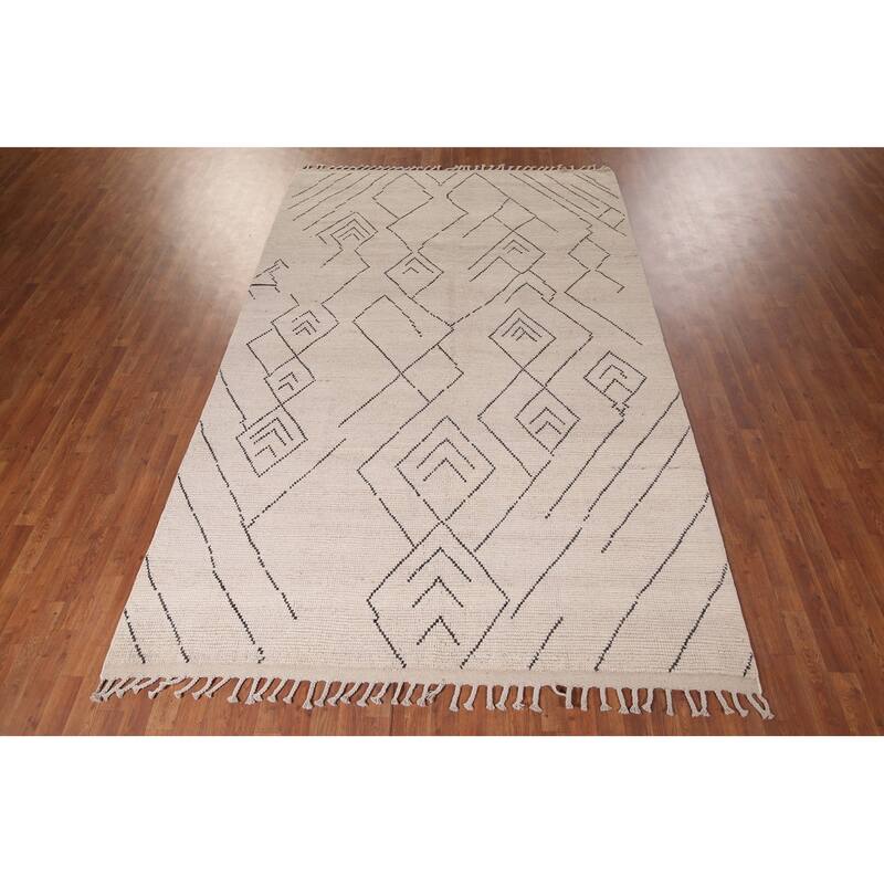 All-Over Ivory Moroccan Modern Area Rug Hand-Knotted Wool Carpet - 6'10"x 10'8"