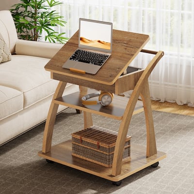 Side Table with Wheels, 3-Tier End Table with Adjustable Tabletop