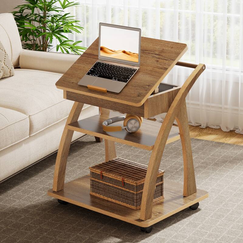 Side Table with Wheels, End Table for Couch with Adjustable Tabletop - Brown
