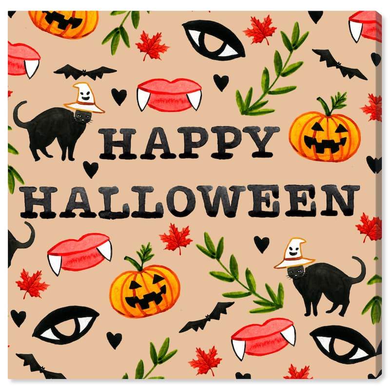 Wynwood Studio Prints Typography and Quotes Happy Halloween Pattern White Modern & Contemporary Wall Art Canvas Print