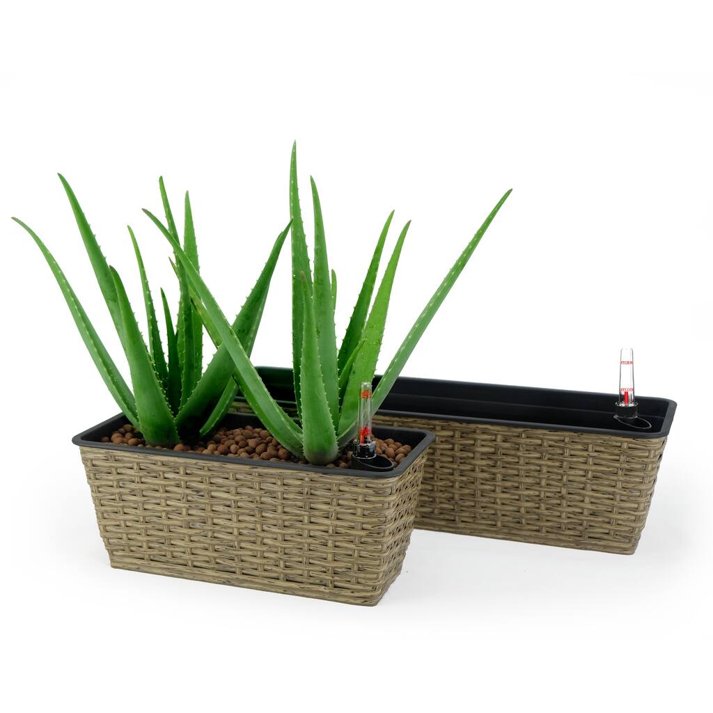GDFStudio - Farmhouse 2-Piece Indoor/Outdoor Wicker Smart Self-Watering Rectangular Planter Pots with Water Level Indicator