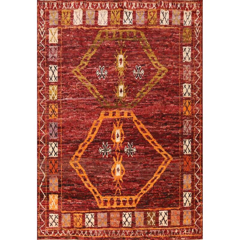 Geometric Red Moroccan Oriental Area Rug Hand-Knotted Wool Carpet - 6'10" x 9'7"