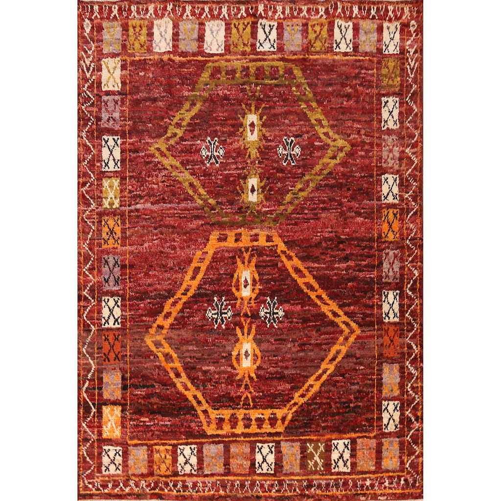 Geometric Red Moroccan Oriental Area Rug Hand-Knotted Wool Carpet - 6'10" x 9'7"
