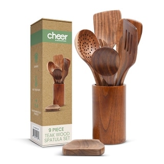 Cheer Collection 9 Piece Wooden Utensil Set with Holder and Spoon Rest
