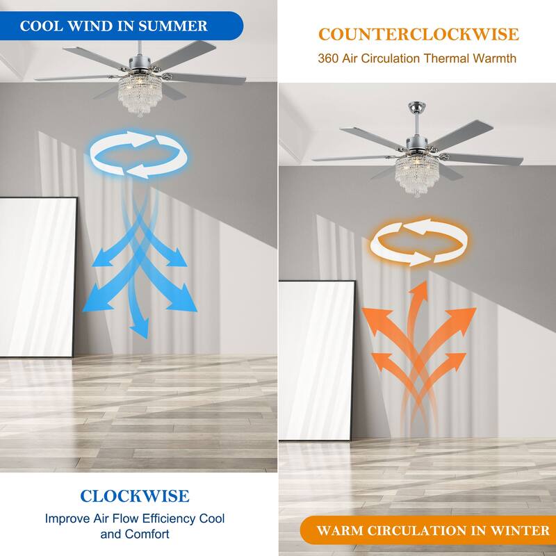 CurveCurio 65" Lagre Ceiling Fan w Crystal Light Shade and Wood Blades, Quiet DC Motor w Remote For Large Room - 65" * 65" * 26"