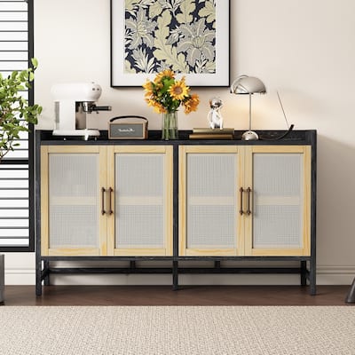 Rustic Sideboard Cabinet with Rattan Doors - Farmhouse Storage Buffet for Dining Room & Living Room