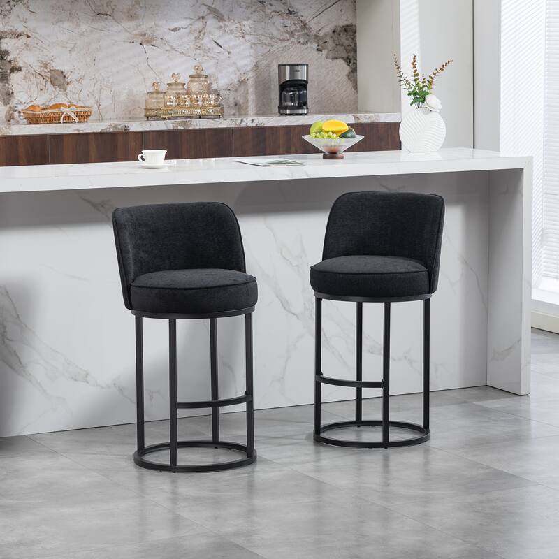 Counter Height Bar Stools Set of 2, Modern Barrel Counter Stools with Backrest, Linen Fabric Upholstered Accent Bar Stools