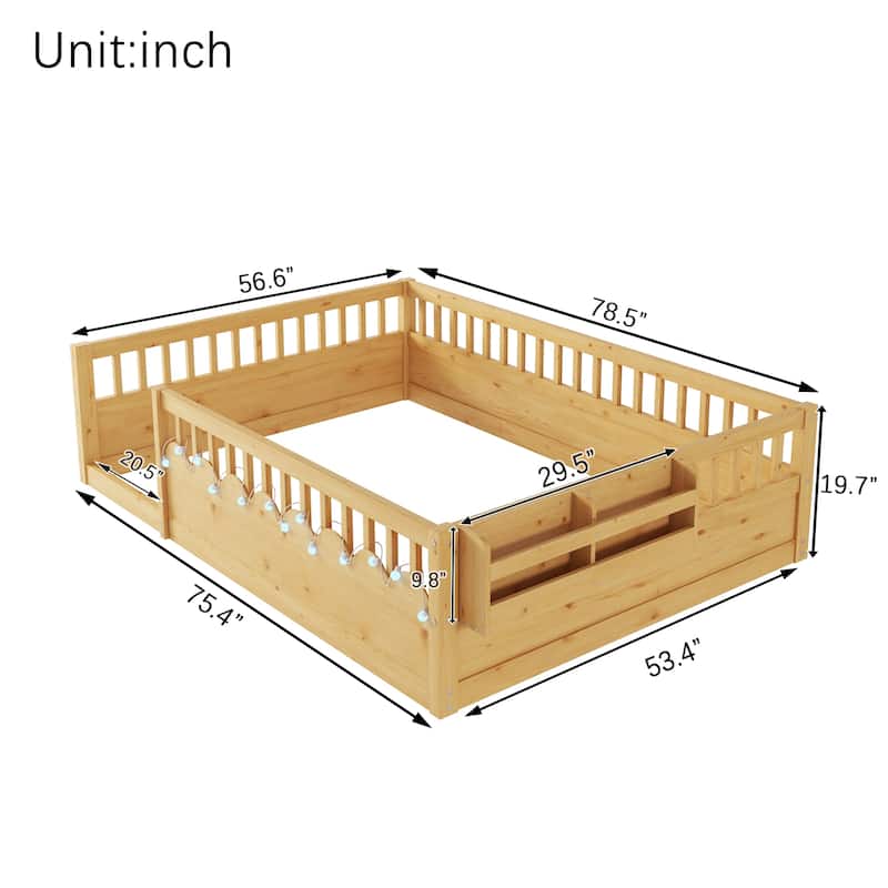 Full Size Floor Bed Safety Kids Bed with High Guardrails (19.6 inch), Concise Bed Frame for Boys Girls Kids Toddler, Natural