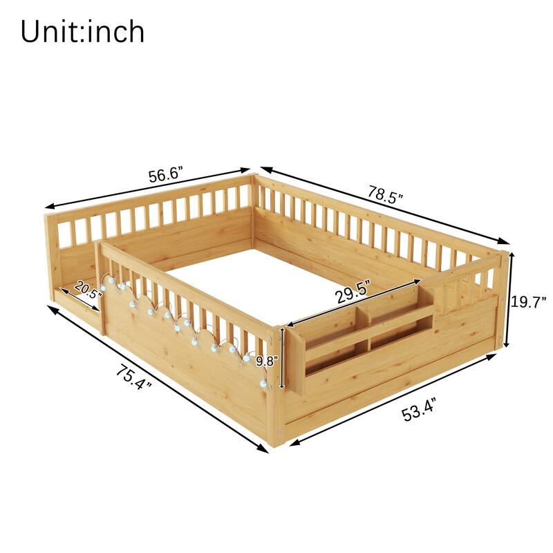 Montessori Floor Bed Frame with High Rails, Wood Toddler Floor Bedframe with Light and Headboard Storage Shelf for Kids Room