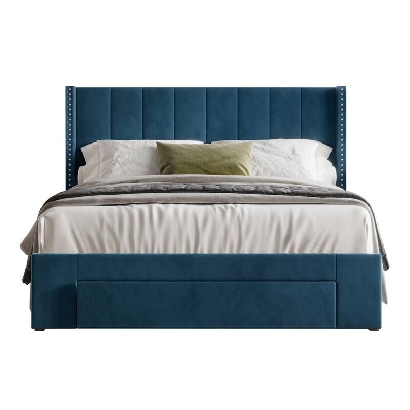 CraftPorch Velvet Wingback Tufted Upholstered Platform Storage Bed - Navy Blue - Queen