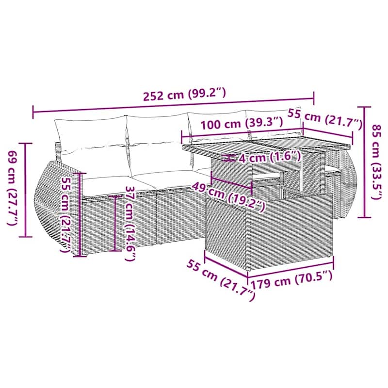 vidaXL Patio Sofa Set with Cushions Outdoor Furniture 5 Piece Poly Rattan - 27.6 x 24.4 x 27.2