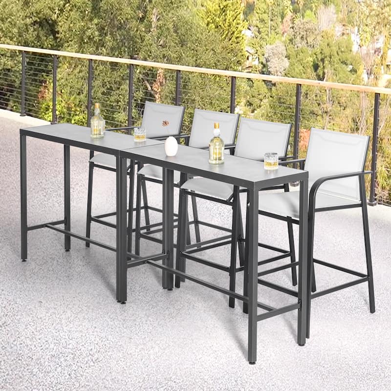 Outdoor Iron Bar Table with 3D-Print Tempered Glass Tabletop, Gray