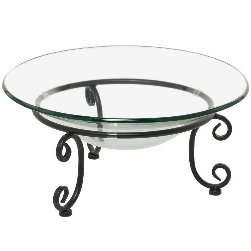 Clear Tempered Glass Kitchen Serving Bowl with Black Metal Scroll Stand