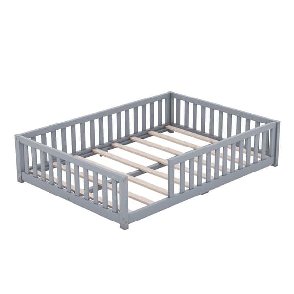 Full Size Bed Floor Bed with Safety Guardrails and Door for Kids Bed
