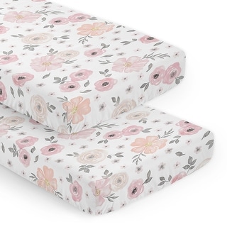 Watercolor Floral Collection Baby Girl 2 Pack Fitted Crib Sheets Blush Pink Grey White Shabby Chic Gray Rose Watercolor Flower