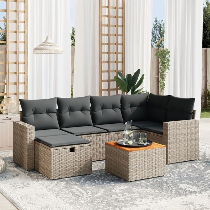 vidaXL Patio Sofa Set with Cushions Outdoor Furniture 7 Piece Poly Rattan - Grey Large