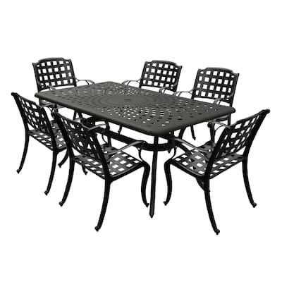 Modern Ornate Outdoor Mesh Aluminum 67-in Rectangular Patio Dining Set with Six Chairs - N/A