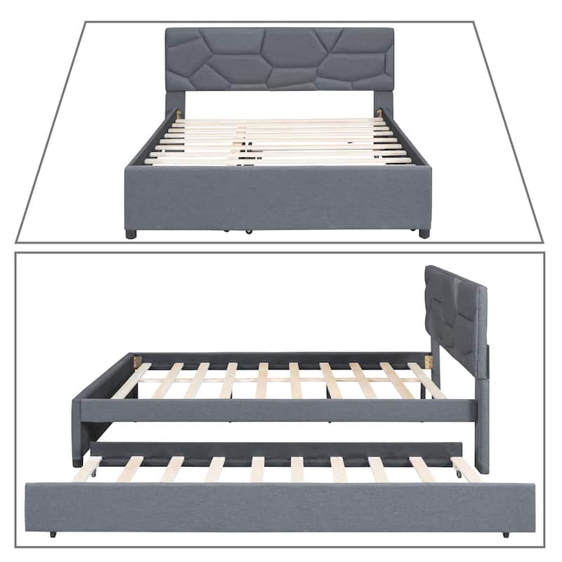 Modern Stylish Linen Fabric Upholstered Platform Bed with Trundle Bed