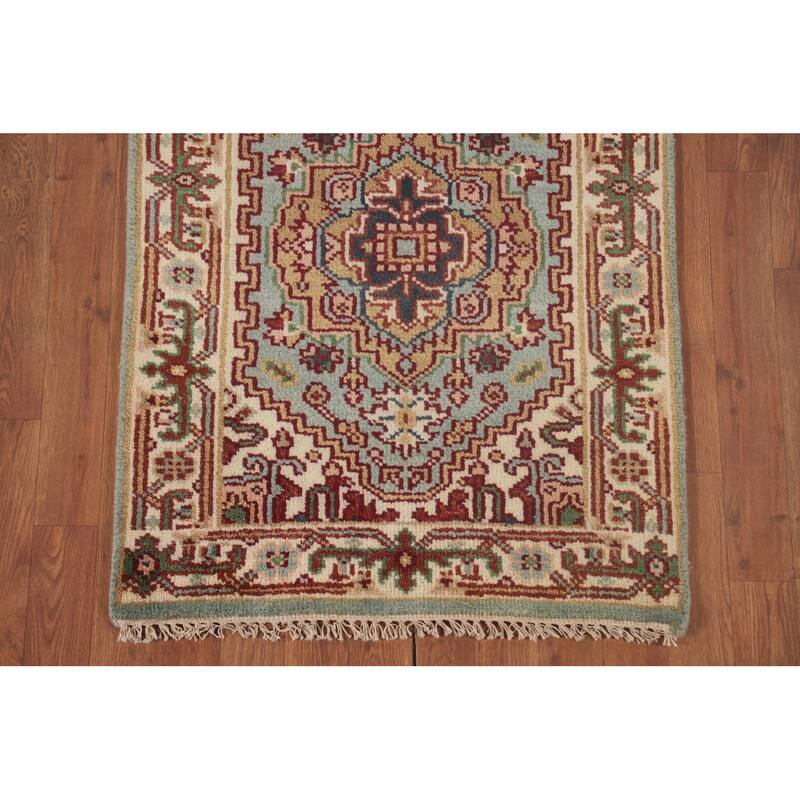 Geometric Heriz Serapi Runner Rug Handmade Blue Wool Carpet - 2'6"x 9'9"