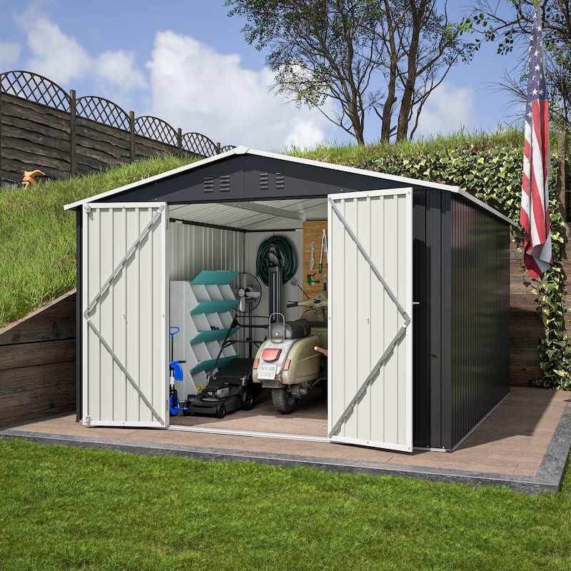 GDFStudio - Cassandra Large 10 x 10 FT Outdoor Metal Storage Shed with Lockable Doors - 10x10 FT - Black