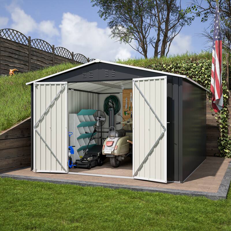 GDFStudio - Cassandra Large Outdoor Metal Storage Shed with Lockable Doors for Secure Vehicle and Equipment Storage