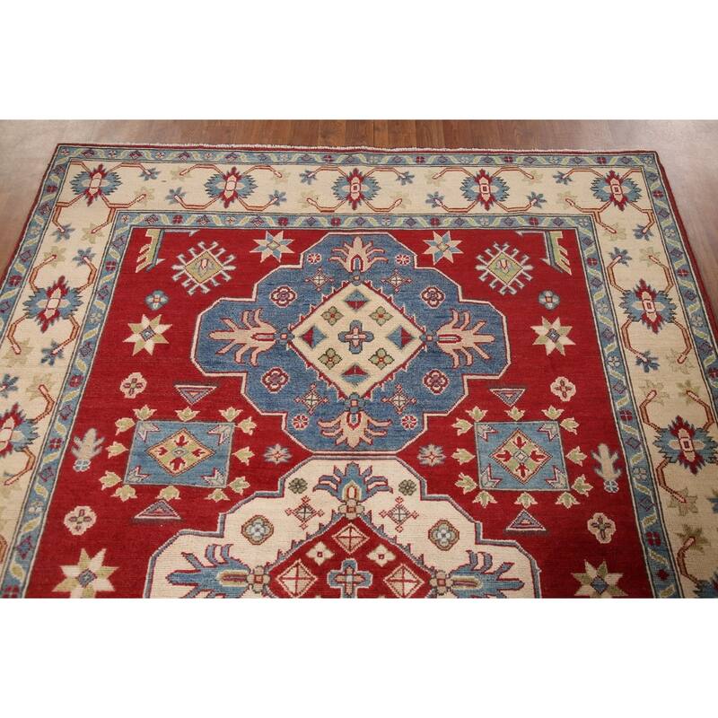 Traditional Kazak Area Rug Hand-Knotted Red Wool Carpet - 5'8" x 7'9"