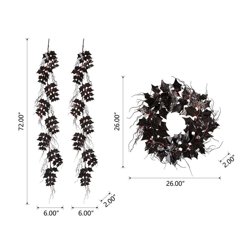 Glitzhome LED Lighted Black Halloween Bat Garland Wreath Wall Decor