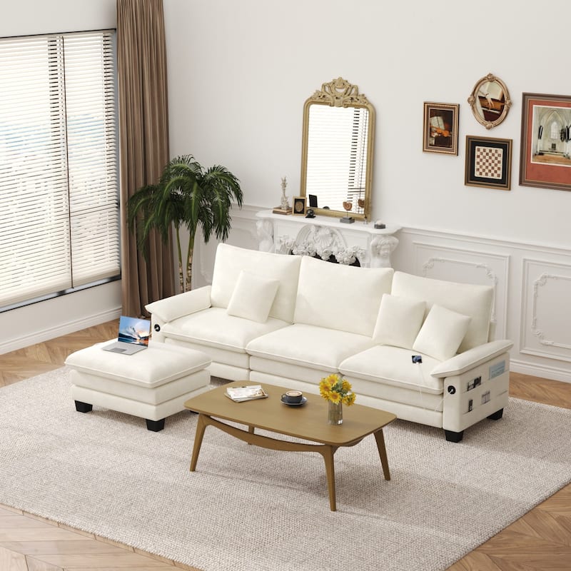 Living Room Furniture Sets, Modular Sectional Sofa Set with Ottoman for Living Room, Convertible Sofa Couch - Cream 3 Seats + 1 Ottoman
