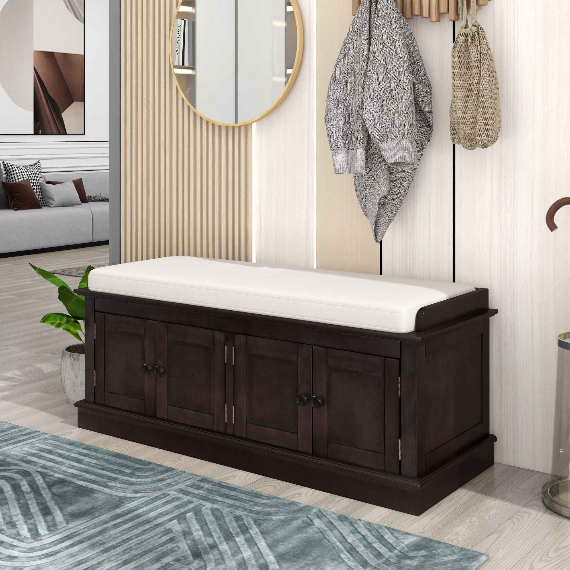 Shoe Storage Bench with Doors Adjustable Shelves Removable