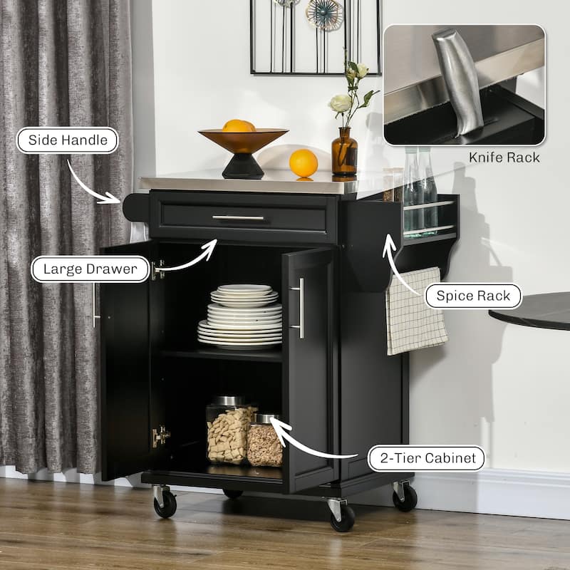 HOMCOM Rolling Kitchen Island Utility Storage Cart With Drawer, Spice Rack & Wheels - Black