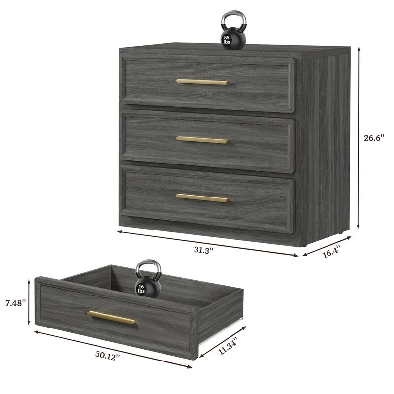Gold-Accent 3-Drawer Nightstand: Multi-Use for Bedrooms, Guest Rooms & Dressers