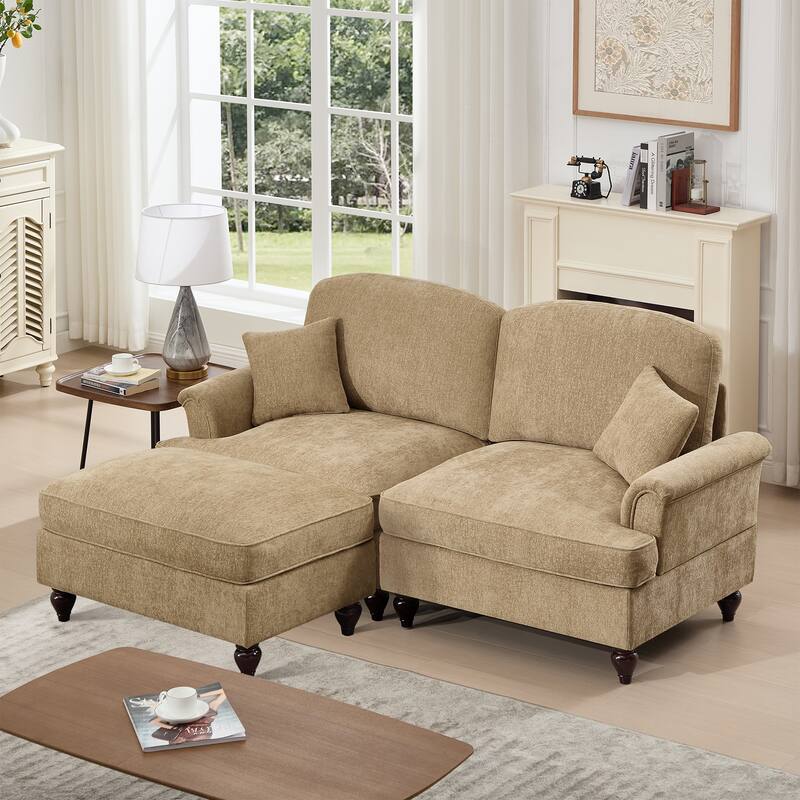 GDFStudio - Elegant Mid-Century Chenille 2-Seater 76.4" L-Shaped Modular Loveseat Sofa with Ottoman