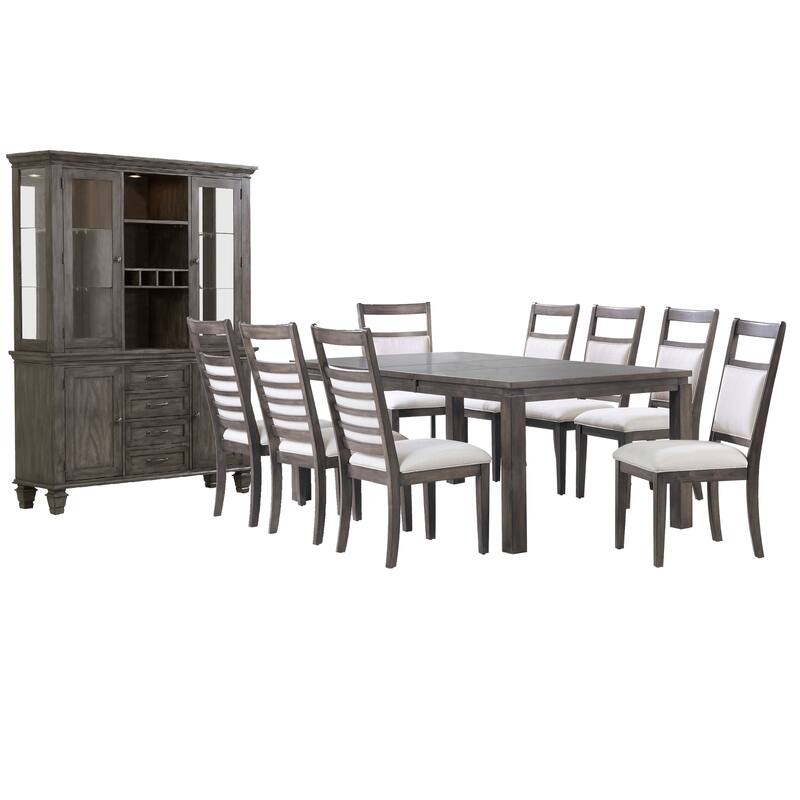 Extendable Dining Set Seats 8 - Rectangular Table, China Cabinet, Upholstered Chairs - HomeStock