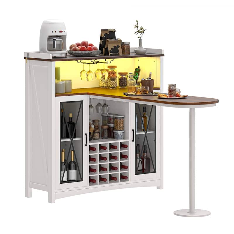 Moasis 47"W Farmhouse Barn Door Coffee Bar Cabinet with LED Lights, Wood Wine Cabinet with Charging Station