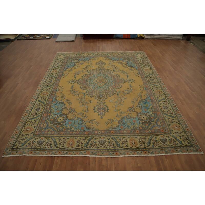 Hand Knotted Oriental 100% Wool Carpet Traditional Floral Yellow & Gold Tabriz Area Rug - 12' 10'' X 9' 10''