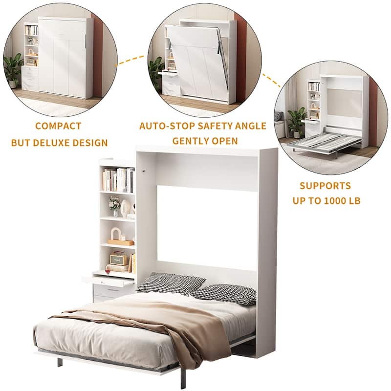 Modern Full Size Vertical Murphy Bed with Shelf and Drawers, White Space-Saving Wall Bed for Bedroom or Guestroom