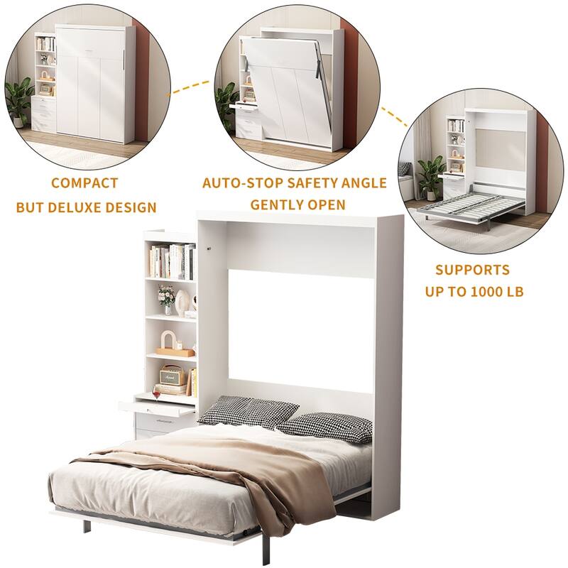 White Full Size Murphy Bed with Storage Shelves and Drawers - Vertical Wall Bed with Gas Struts