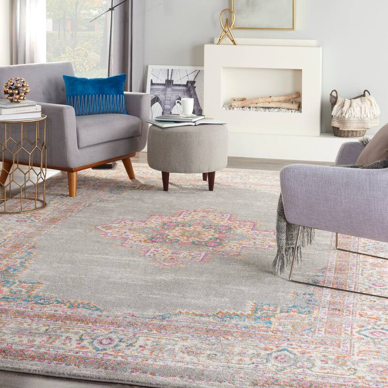 Porch & Den Dobbin Vintage Persian Medallion Farmhouse Area Rug - 12' x 15' - Grey/Pink
