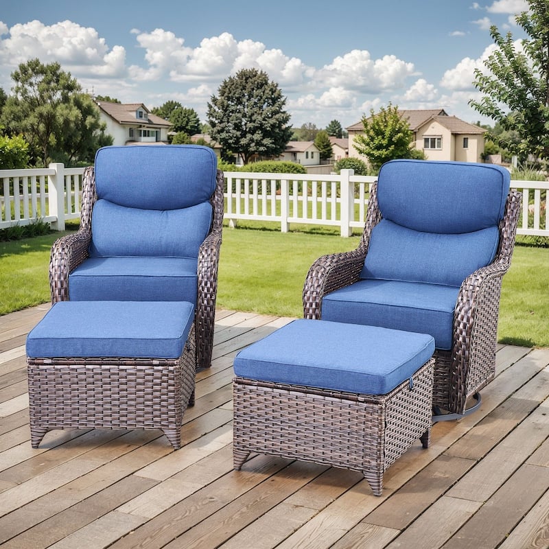 Outdoor Swivel Chairs with 6-Inch Thick Cushions for Garden - Brwon Wicker Blue Cushion - 4PCS Swivel Chair w/ Ottoman