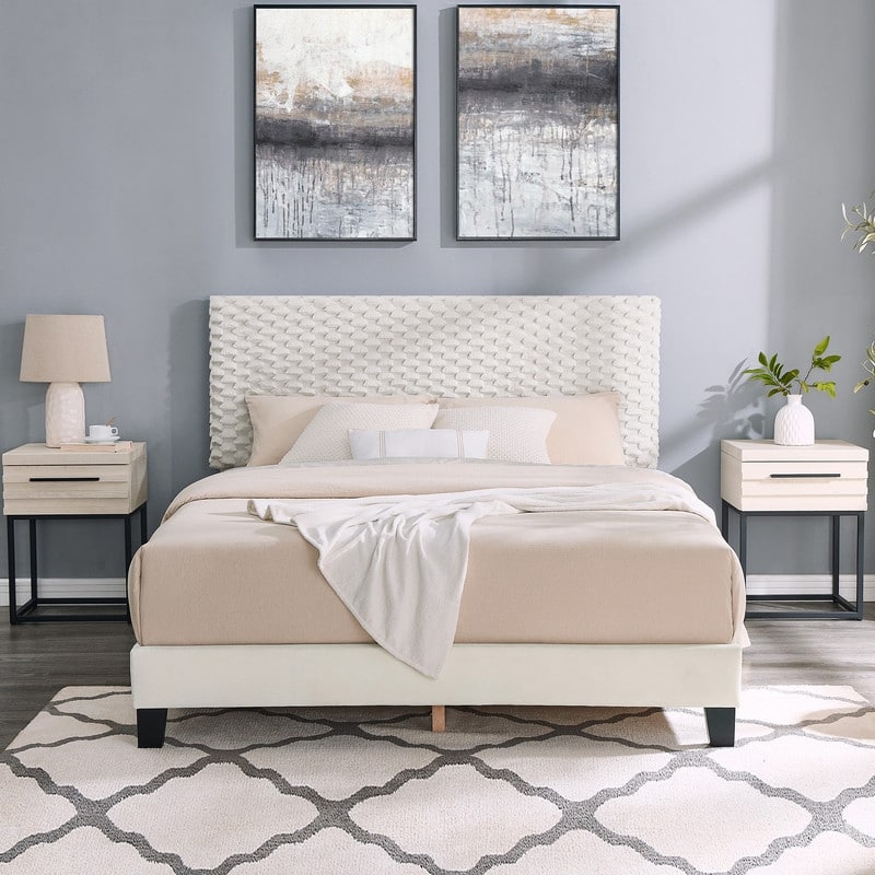 3-Piece/2-Piece Bedroom Set, Plush 3D Upholstered Bed with Nightstand/Two Nightstands, Queen