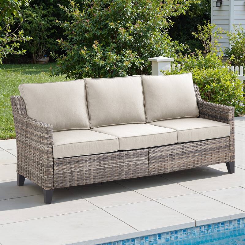 Pocassy 3-Seat Patio Wicker Sofa Outdoor Rattan Couch Sofa - Beige Cushion Gray Wicker. - 1-Piece Sofa