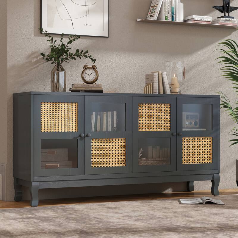 4-Door Sideboard with Large Storage Space Artificial Rattan Doors and Transparent Glass, for Dining Room Living Room - Black