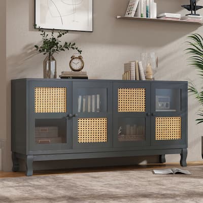 Retro 4-Door Sideboard with Artificial Rattan Doors & Transparent Glass