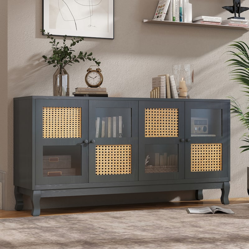 Sideboard Cabinet with Artificial Rattan Doors, Accent Cabinet with Adjustabel Shelves, Buffet Cabinet with Wooden Legs - Antique Dark Grey,Rattan